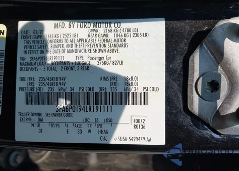 2020 Ford Fusion Se из США, поврежденный, VIN 3FA6P0T94LR191111